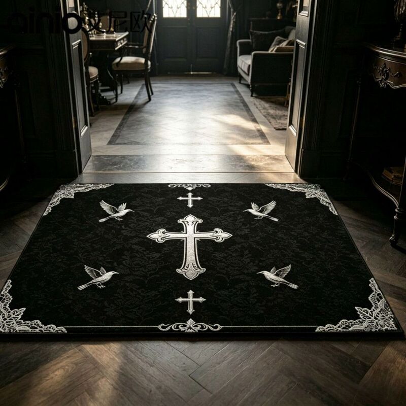 Gothic Style Cross and Bird Floor Mat for Entryway, Dark Retro Wear-Resistant Water-Absorbing Doormat Gothic Style Cross and Bird Floor Mat for Entryway, Dark Retro Wear-Resistant Water-Absorbing Doormat