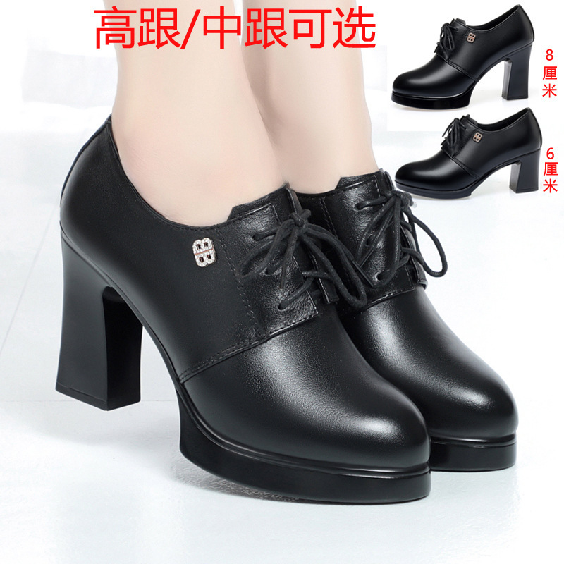 Spring and Autumn new women's single-layer shoes genuine leather High Heel lace-up work shoes fluffy warm comfortable women's chunky heel soft bottom plus size