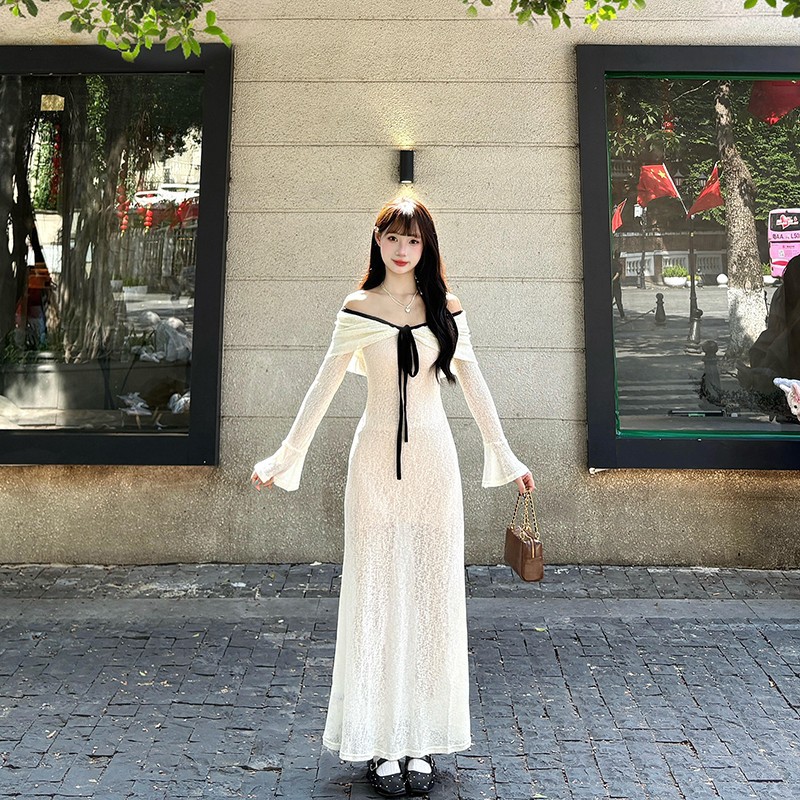 Fashionable French-Style Gentle Off-Shoulder Design Dress, Autumn Temperament Niche Design, Waist-Cinching Slimming Long Dress