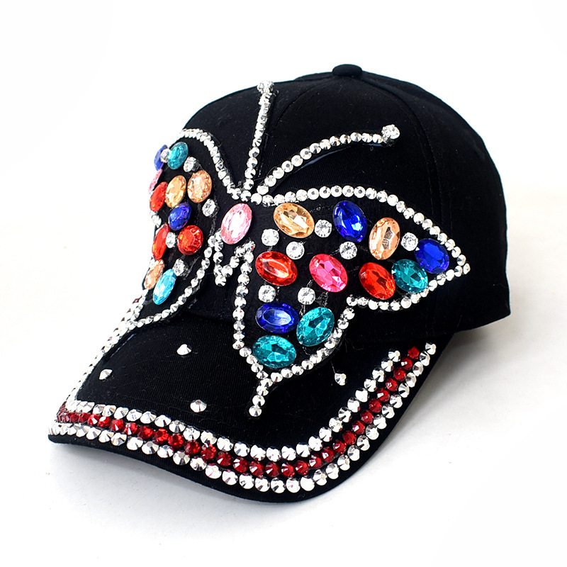 Women's Gender Rhinestone Design Women's Elegant Retro Simple Style Butterfly Rhinestone Curved Eaves Baseball Cap