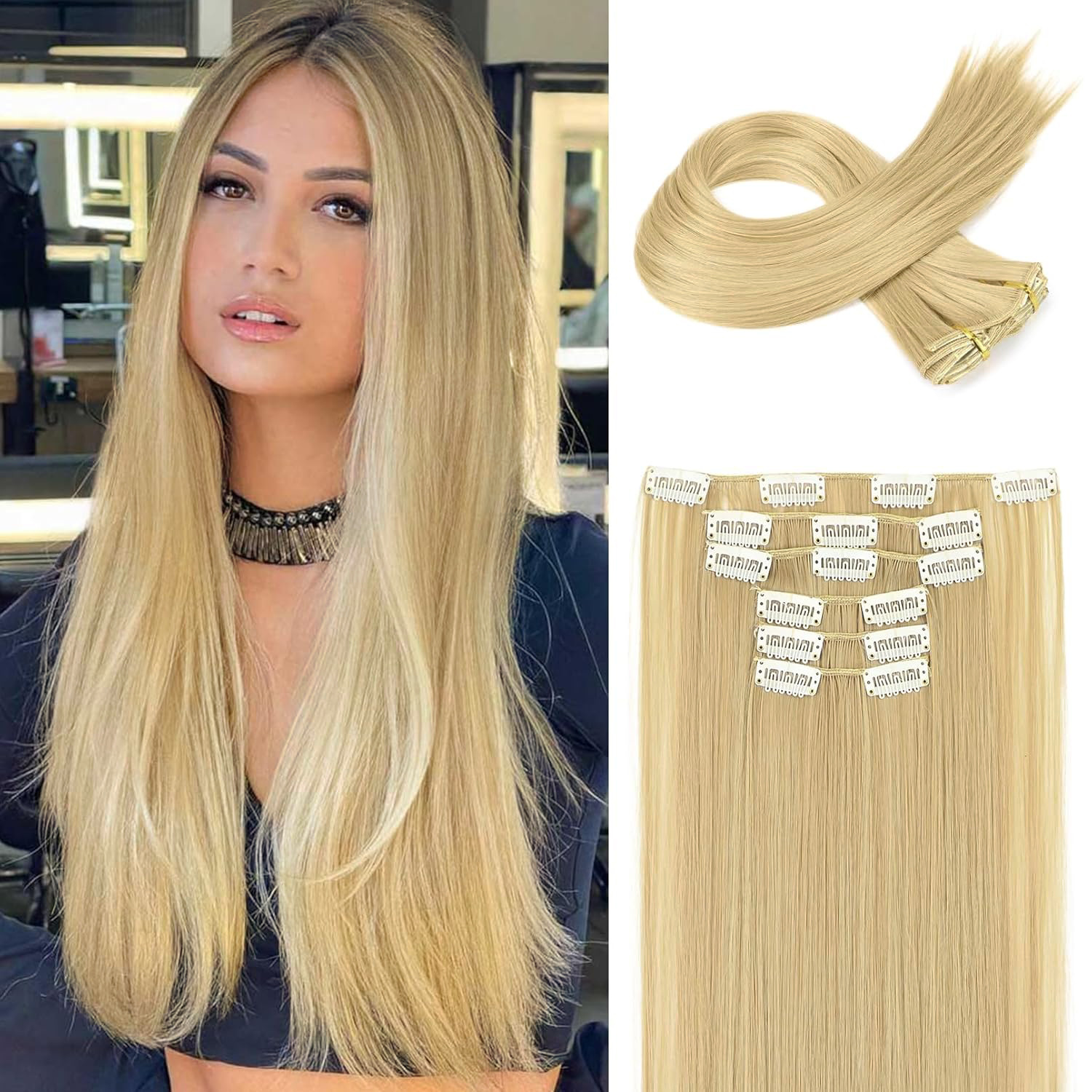 Piezas de 6 piezas para el cabello con tarjeta, piezas para cabello lacio europeo y americano, piezas para pelucas, piezas para cabello sin costuras, 24 "cabello de fibra química resistente al calor