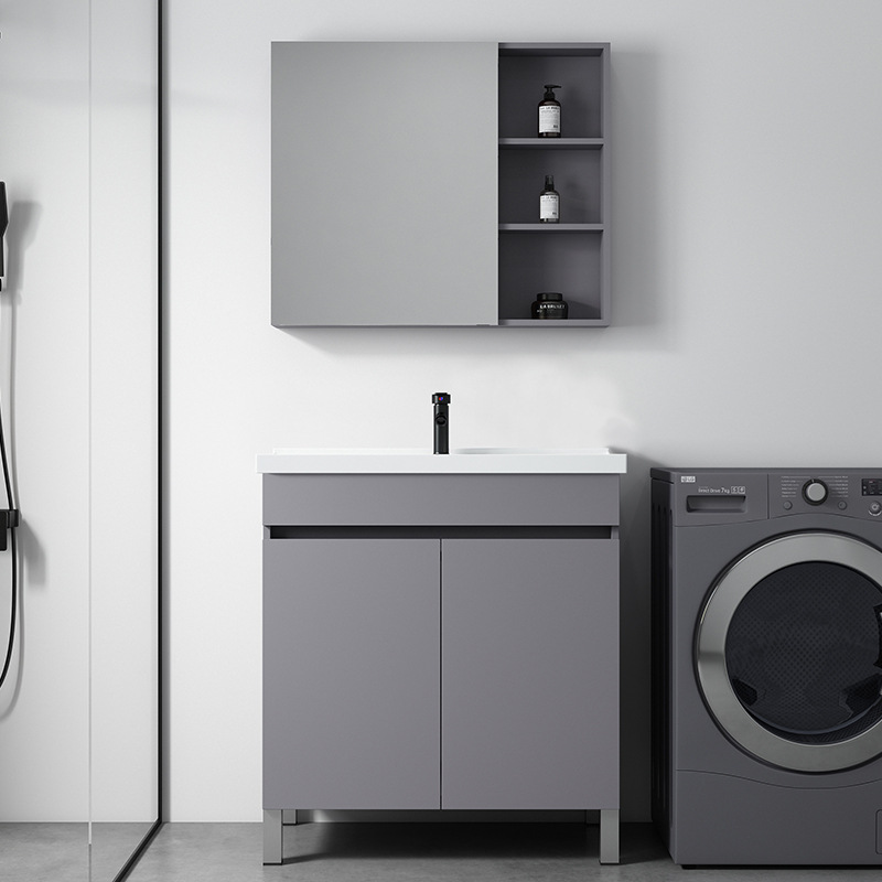 Gris simple piso de madera maciza gabinete de baño balcón baño lavabo con lavabo de cerámica combinación de gabinete