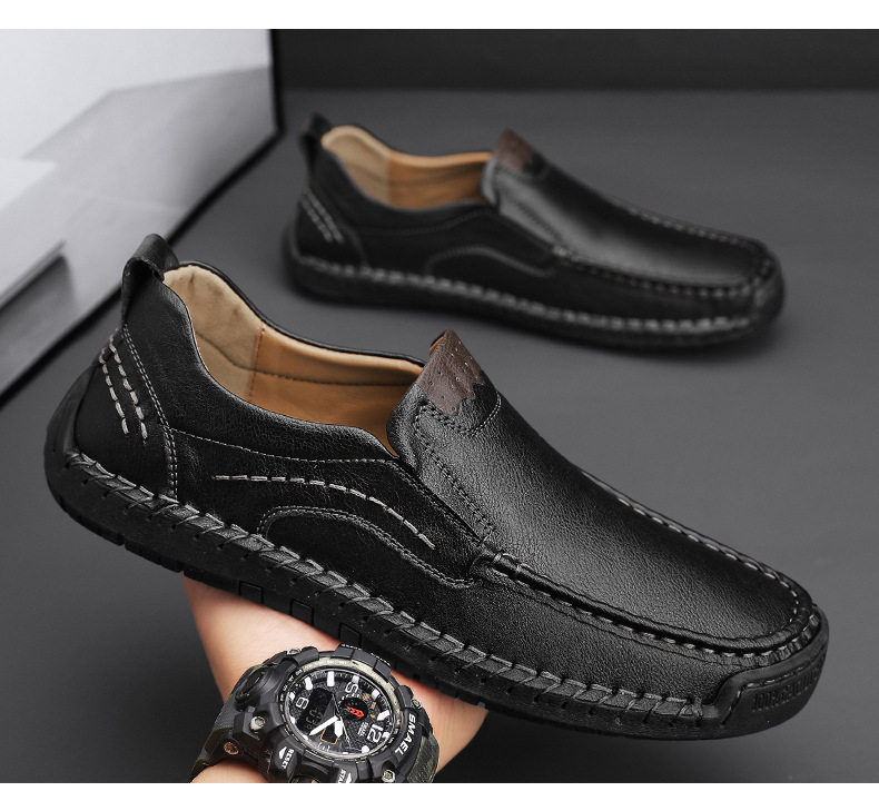 Giày lười nam da bò khâu thủ công cổ thấp mũi tròn, đế bằng — 9914 kaki, 9914 màu đen, 9914 nâu sẫm, Màu xám 9914 chi tiết 20