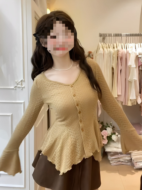 法式早秋氛围穿搭掐腰喇叭袖上衣女2025年秋季针织小衫设计感小众|undefined