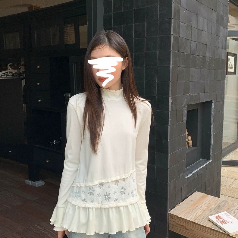 Half-High Collar Hem Lace Bottoming Shirt for Women in Autumn and Winter, Long-Sleeved T-Shirt with Slim Fit Inner Top