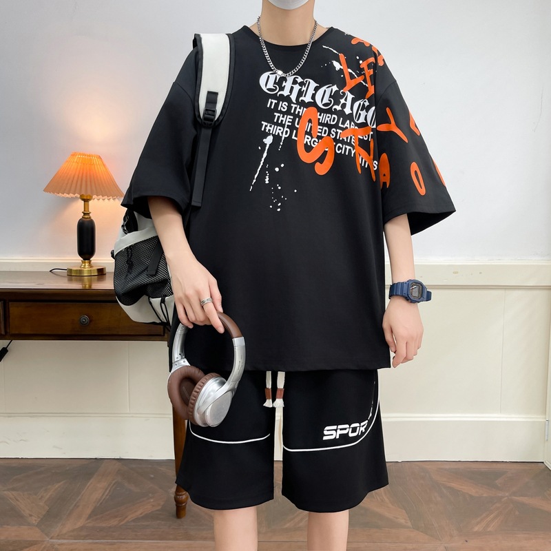 2025 nuevo juego deportivo de hombre de verano camiseta de dos piezas conjunto de tendencia casual variada guapo tamaño grande manga corta suelta