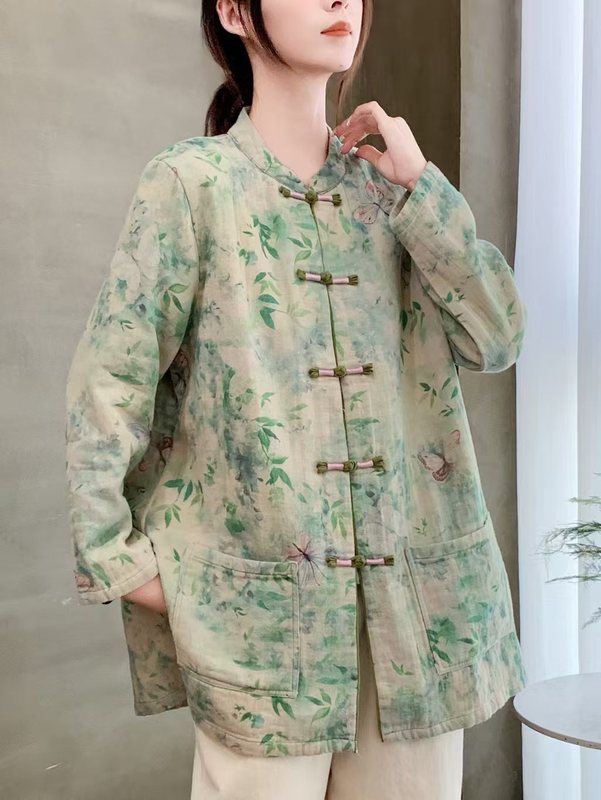 2025新款女复古文艺斜纹数码印花盘扣宽松显瘦百搭复古盘扣外套女|undefined