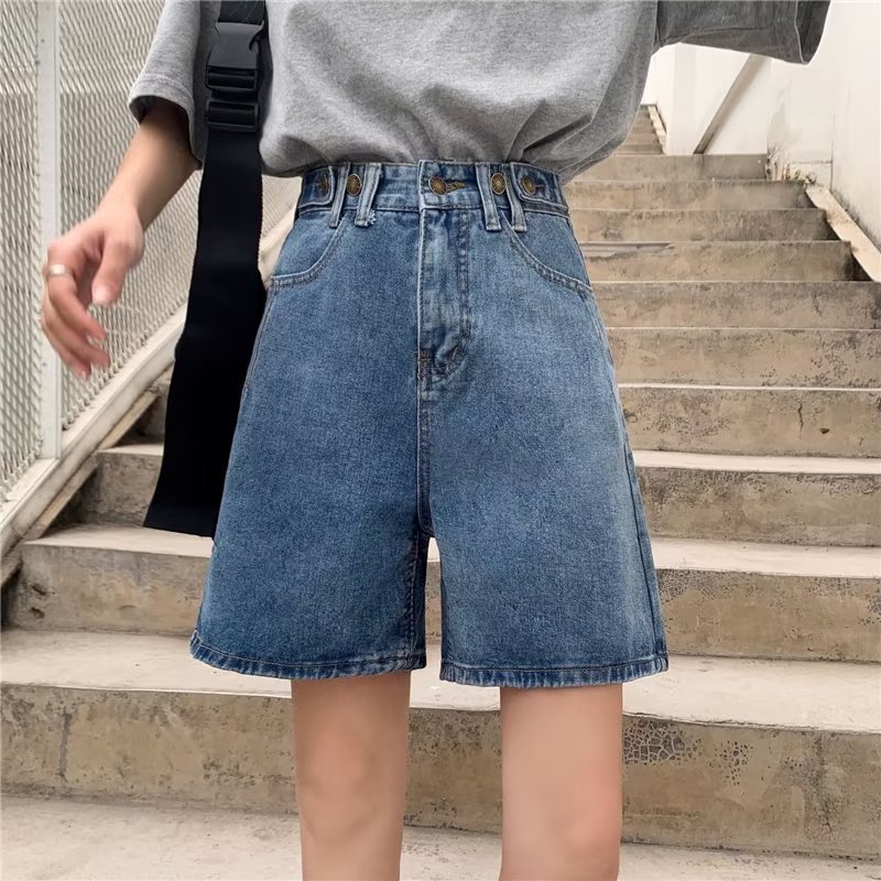 2024 Sweet Cool Style Summer New High Waist Five-point Denim Shorts Women's Loose All-match Design Sense Straight Trendy Mid-length Pants