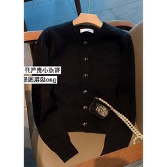 欧货黑色小香风针织开衫女春秋季薄款设计感小众毛衣外套别致上衣