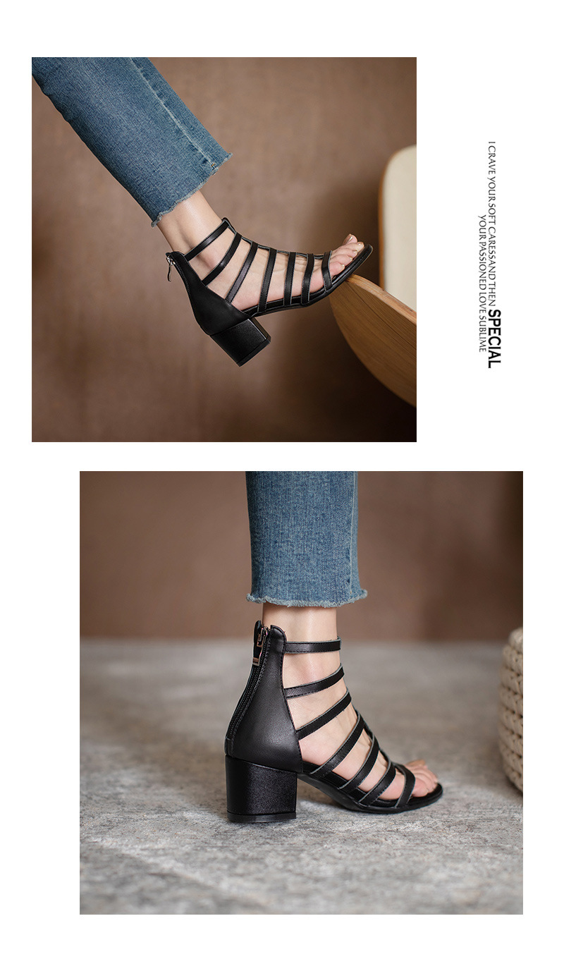 Sandal nữ cao gót siêu cao da bò kiểu La Mã cổ cao gót thô — Màu đen chi tiết 14