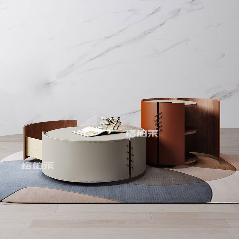 Saddle Leather Large Round Barrel-Shaped Slate Coffee Table with Storage, Modern Minimalist Living Room Coffee Table and Floor Cabinet Combination, Free Shipping