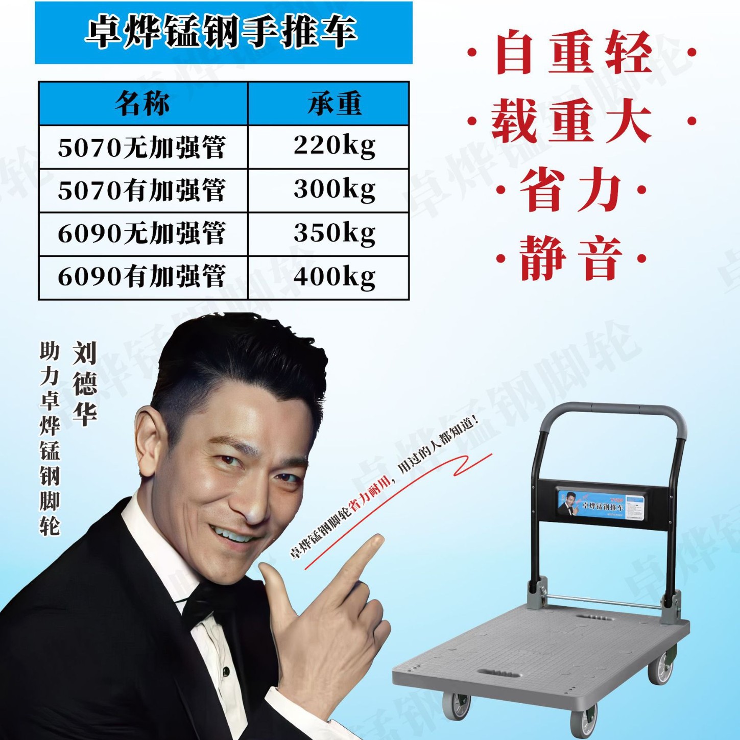 YTOP锰钢5070脚踏式/按键式无加强管塑料人造橡胶轮TPR静音手推车