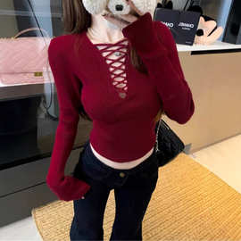 镂空红色毛衣女秋冬季新款内搭打底修身显瘦针织衫上衣高级设计感