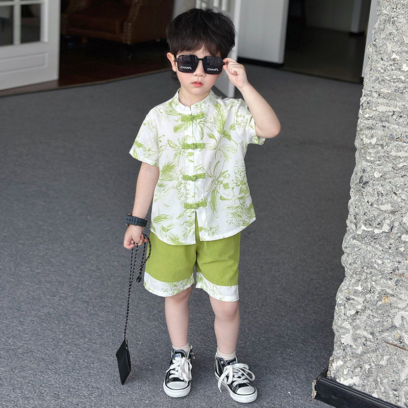 Children's Summer Chinese Style Short Sleeve Floral Shirt Set 2024 New Baby Tangzhuang Hanfu Two-Piece Set