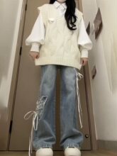 早秋学院风针织衫背心显瘦马甲搭配甜美百搭白色长袖衬衫两件套装