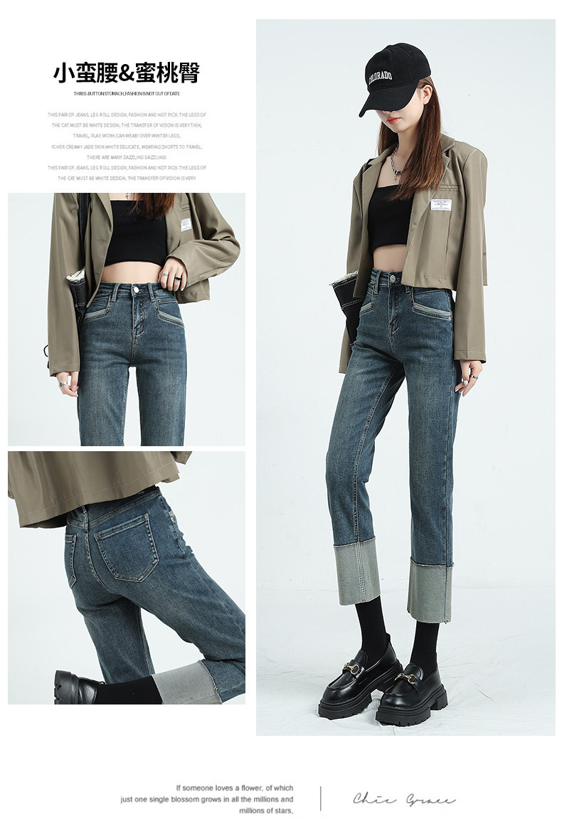 Rolled-up high-waisted straight-leg jeans for women in spring, Korean style, elastic and slimming, making you look petite. Trendy cigarette tube pants pic 6