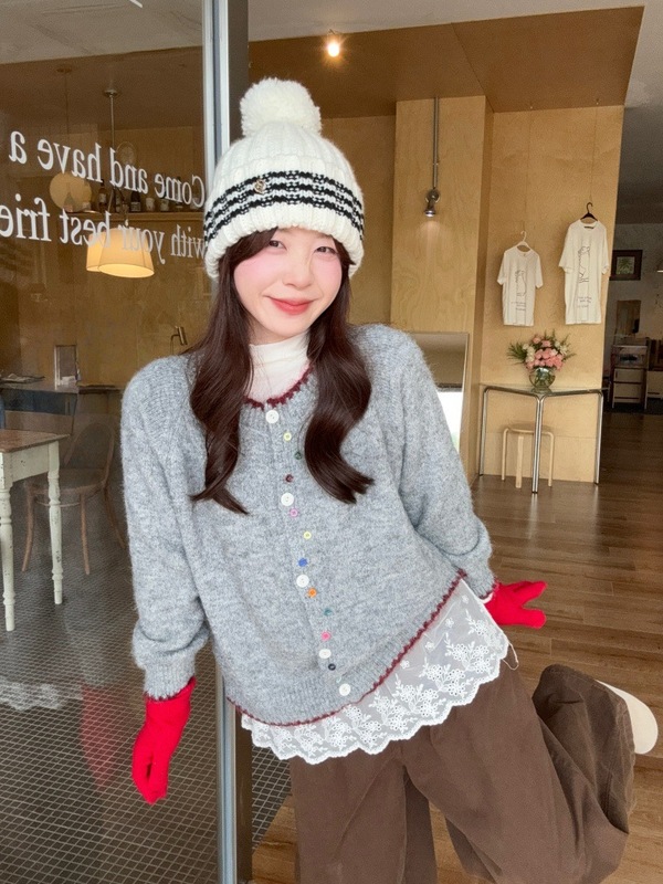 实拍~秋季新款韩版宽松彩扣撞色软糯百搭针织毛衣开衫外套女88410|undefined