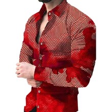 2023欧美春季新款男士3D印花个性休闲长袖翻领衬衫男款大码衬衫男