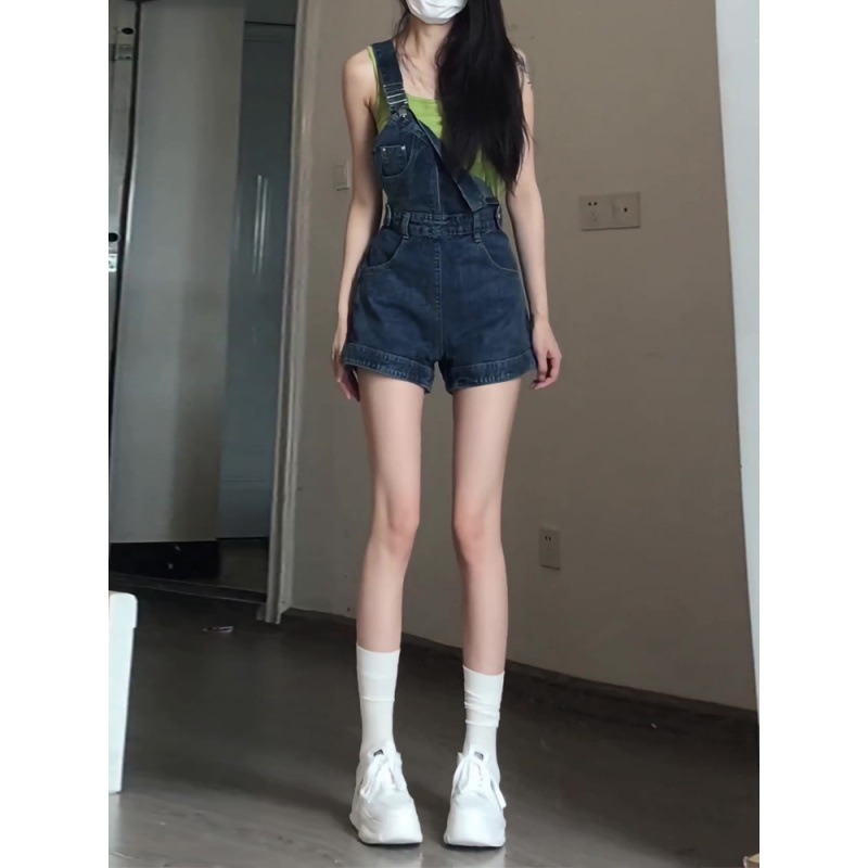 Japanese-Style Sweet Denim Overalls Shorts for Women Summer 2025 New Petite Irregular Retro Single-Shoulder Wide-Leg Pants