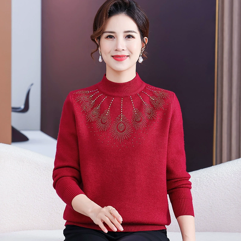 Новая мама зимний свитер нижний свитер плюс бархатный утолщенные иностранные топы с полувысоким воротником теплый свитер для женщин среднего и пожилого возраста