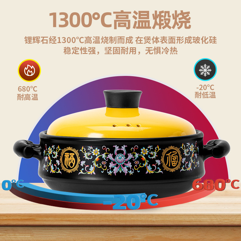 珐琅彩砂锅家用煲汤炖菜可翻炒陶瓷砂锅煤气灶专用沙锅石锅汤锅福|undefined