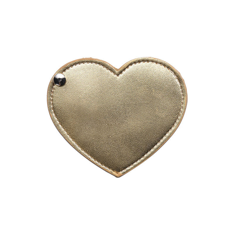 En stock al por mayor amor portátil de acero inoxidable espejo de maquillaje PU plegable giratorio pequeño espejo se puede utilizar como L OGO