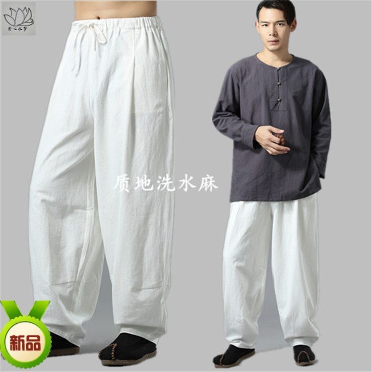 Estilo étnico primavera otoño algodón lino estilo casual holgado más tamaño bombachos pantalones largos de lino de pierna ancha para hombres de estilo chino