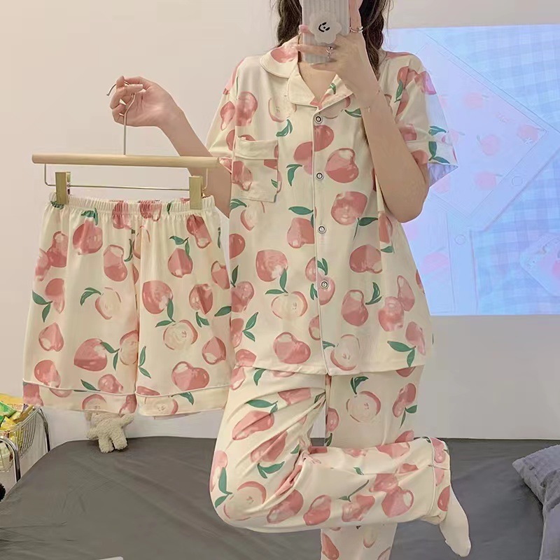 Pijamas de alta gama para mujer, conjunto de tres piezas con cárdigan a rayas de manga corta para verano, se puede usar en exteriores, conjunto de ropa para el hogar para primavera y otoño de 2025