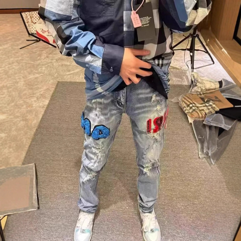 American-Style High-End Youth Luxury Ripped Jeans for Men, Slim-Fit Skinny Pants with Stretch and Patchwork, Casual Long Pants