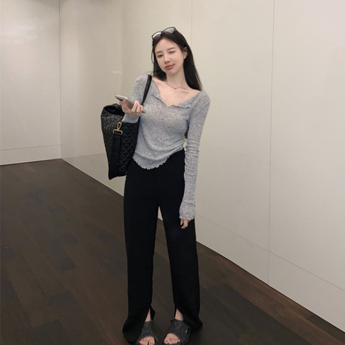 Korean Pure Desire Lazy V-Neck Slimming T-shirt Women's Top Casual Long Sleeve T-shirt