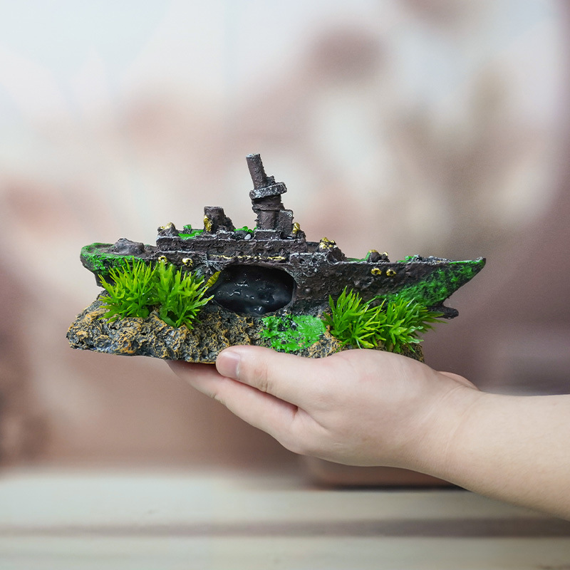 Simulación de paisajismo de acuarios, buque de guerra, decoración de peceras, decoración de la casa de escape, simulación de resina, red neta, naufragio, rocalla