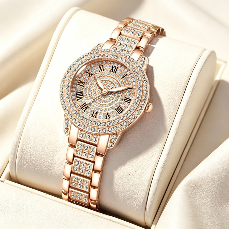 Diamond-Encrusted Full-Diamond Watch Roman Face Women's Bracelet Watch Cornucopia Quartz Watch Cross-Border Popular Watch Dropshipping
