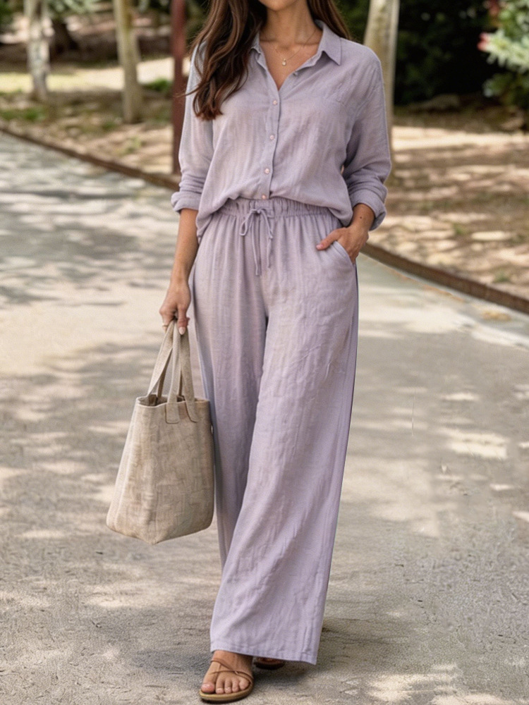 Women's Casual Lapel Pullover And Pants Set In Washed Cotton_voghion.com