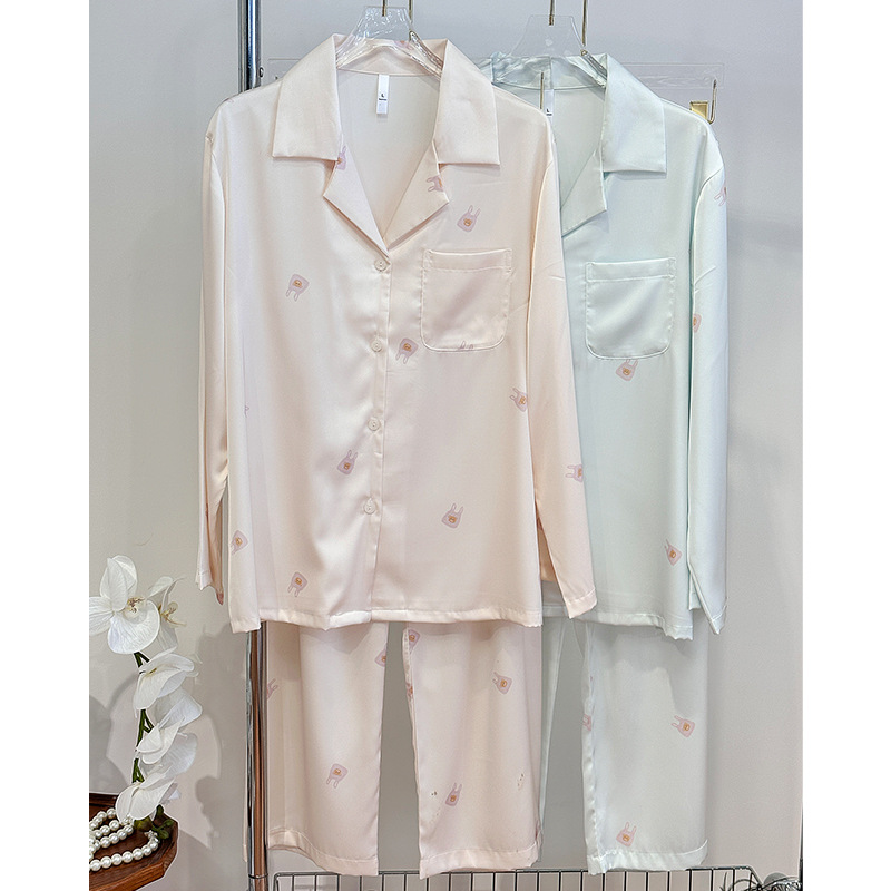 Jiangnan Wo 24 New Spring and Autumn Long Sleeve Pants Pink Pocket Bear Home Clothes suit Ice Silk Pajamas Women
