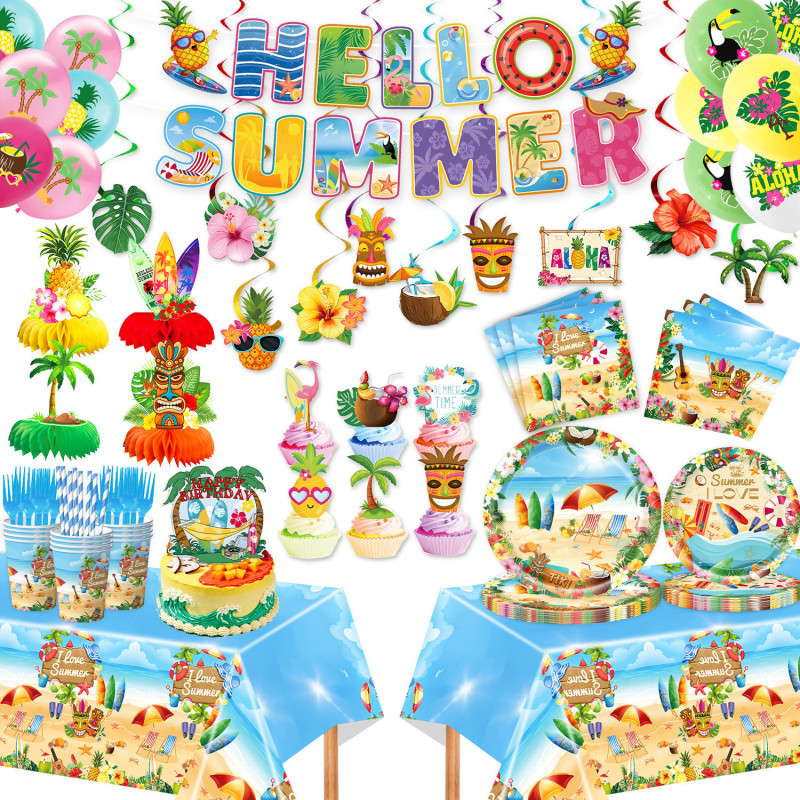 Summer Seaside Beach Hawaiian Theme Birthday Party Dinner Paper Plates Cups Tablecloth Honeycomb Flag Decoration Supplies Summer Seaside Beach Hawaiian Theme Birthday Party Dinner Paper Plates Cups Tablecloth Honeycomb Flag Decoration Supplies