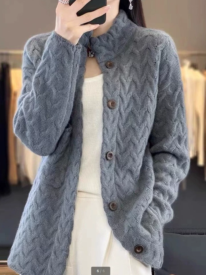 Cardigan, solid woolen long-sleeve, sweater, jacket, autumn, increased thickness, oversize
