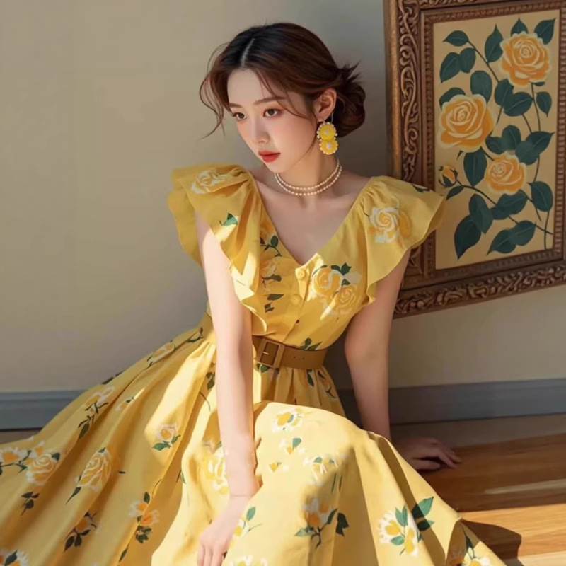 Extra Large Size 150kg French-Style Unique Beach Vacation Yellow Rose Print Flutter Sleeve Dress for Women Extra Large Size 150kg French-Style Unique Beach Vacation Yellow Rose Print Flutter Sleeve Dress for Women