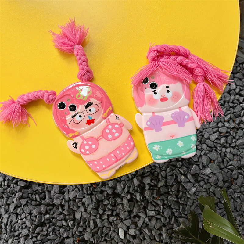 Capa de telemóvel 3d com menina trançada para iphone 15 pro max 13 14_voghion.com