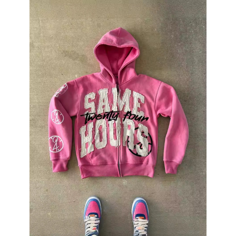 American Retro Letter Patch Print Street Hip-Hop Style Heavyweight Hooded Sweatshirt Cardigan with a High-Street Design