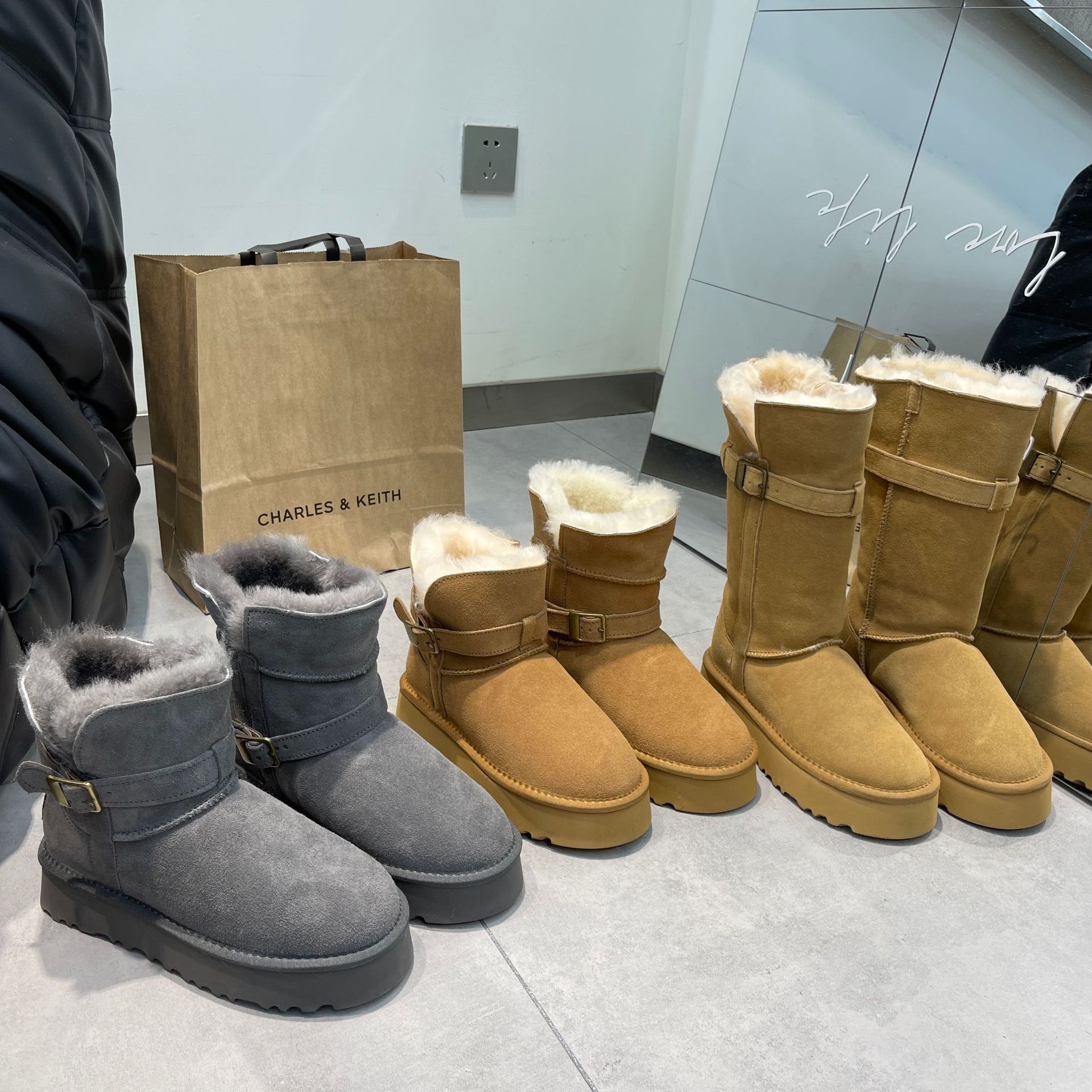 PRUGGI冬季皮带扣长筒雪地靴骑士靴不过膝厚底女增高防滑增高显瘦