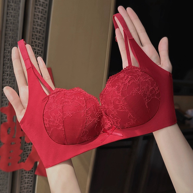 Red underwear women's small chest push up sexy Big Top support lace Dragon year underwear wedding bride bra birth year