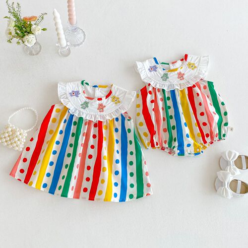 Baby Girl Polka Dot Blouse Skirt 2025 Summer Embroidered Bear Dress Trendy Infant Striped Diaper Cover