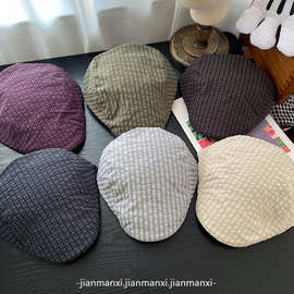 2025早春新款细密格纹英伦前进帽子女薄款百搭弯檐显脸小贝雷帽潮