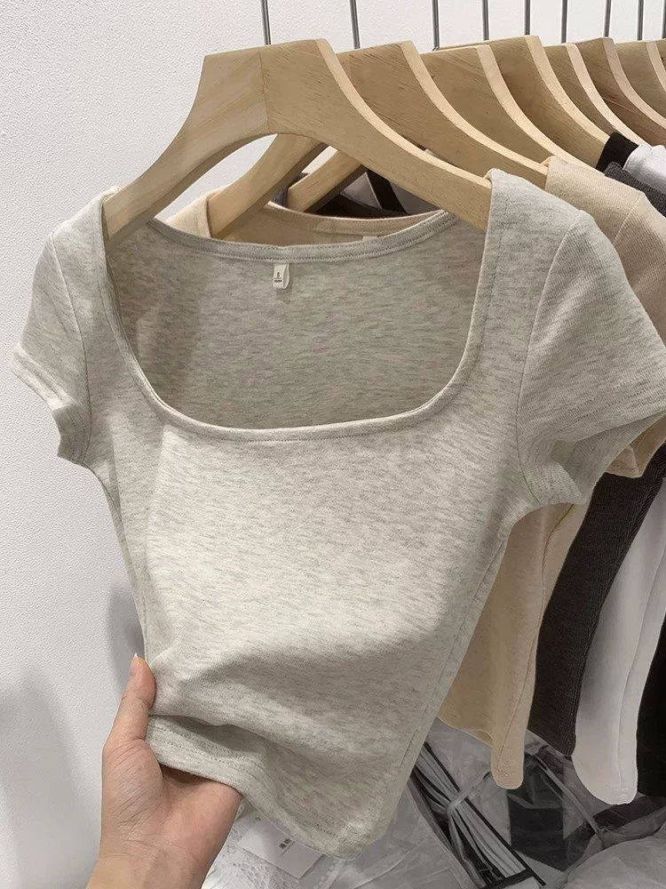 Женская летняя футболка с французским квадратным воротником на правое плечо, сексуальный американский ретро-серый топ с короткими рукавами для похудения
