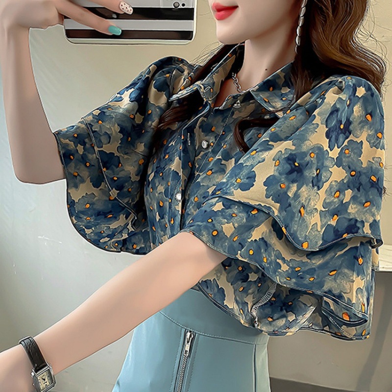 Designed Ruffled Floral Top for Women New Short-Sleeved Sweet Blue Shirt for Women Summer Loose Large Size Floral Shirt