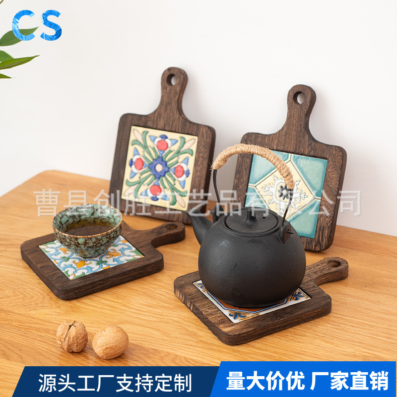 断熱マットレトロ実木花煉瓦取っ手鍋マット木製パーマ防止盤カップマット家庭用土鍋スープ鍋断熱木マット|undefined