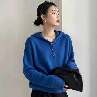 全羊毛连帽毛衣女秋冬新款镂空钩花针织衫宽松休闲卫衣打底上衣