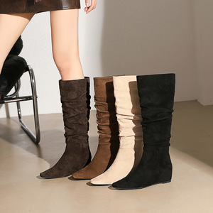 6632-51 European and American long boots for women, retro style, with an inner height increase, stacked boots, pointed w
