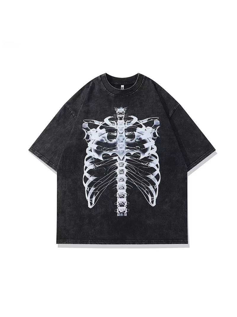 Lavar con agua para hacer viejos esqueleto impreso camiseta de manga corta hombre y mujer oversize casual manga de hombro en la parte superior esqueleto universal