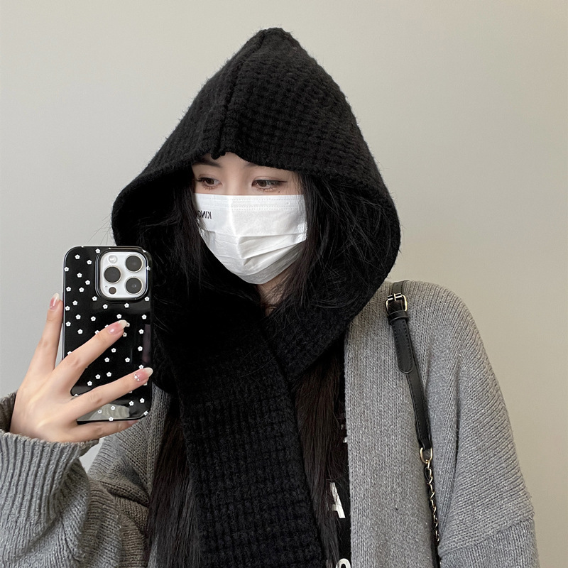 韩国巴拉克拉法帽子围脖一体女两件套秋冬连帽围巾保暖斗篷针织帽|undefined